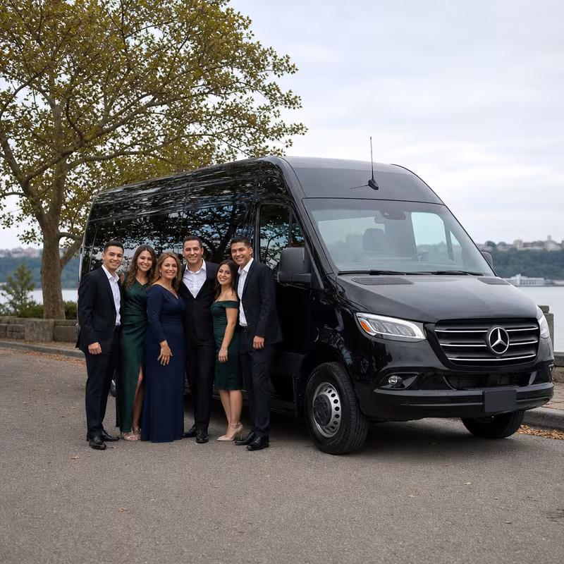 Group beside a Mercedes Sprinter limo from the Bronx fleet