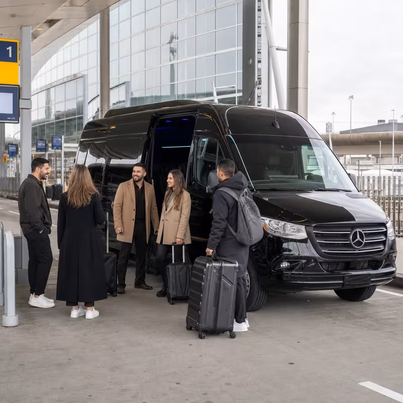 Group boarding a white charter bus for Airport Transportation transportation in Bronx