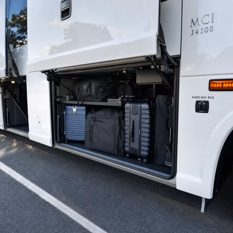 Party bus interior with wraparound leather seating and LED lighting in Bronx