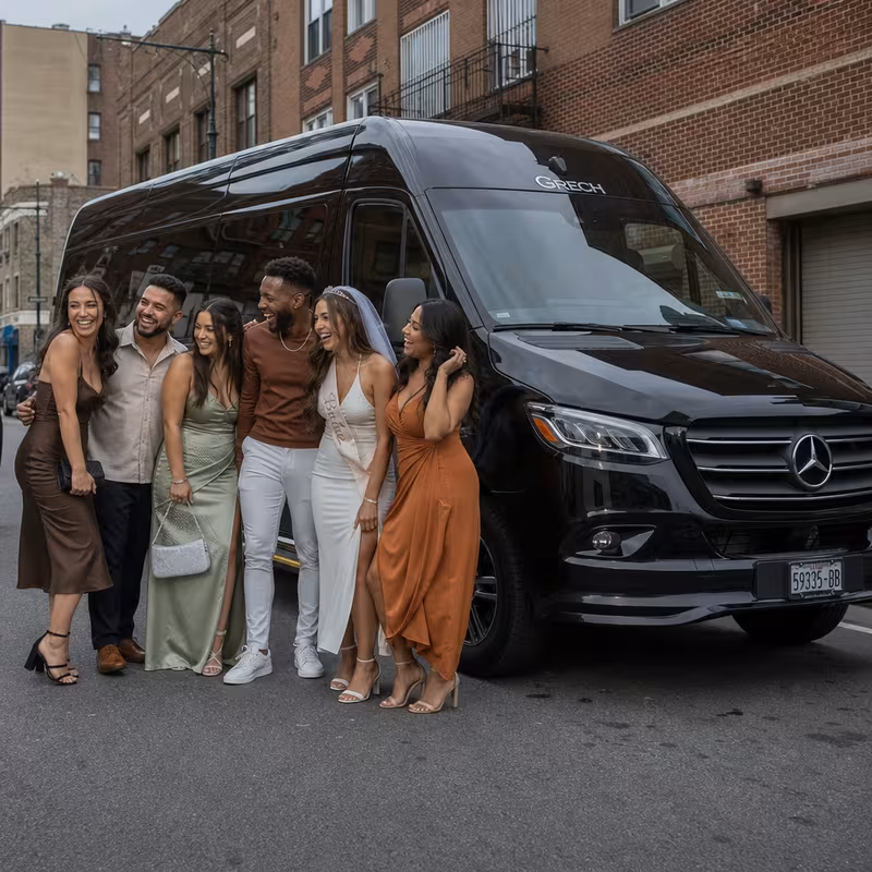 Group boarding a white charter bus for Bachelor & Bachelorette Transportation transportation in Bronx