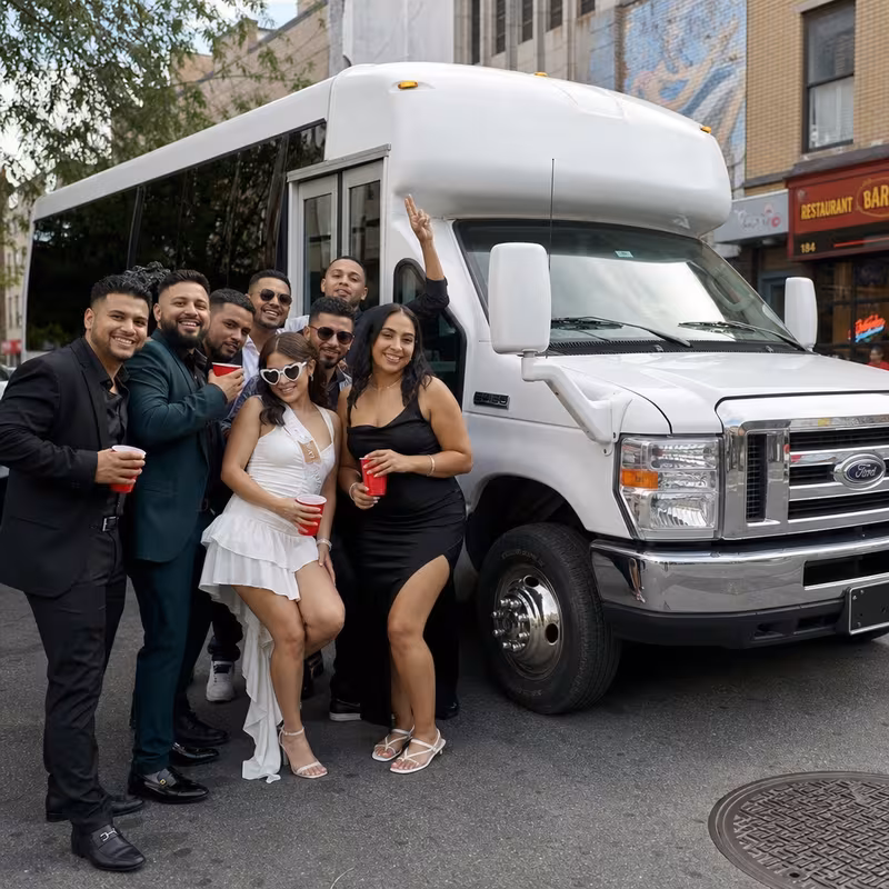 Black Mercedes Sprinter van staged for an Bronx Bachelor & Bachelorette Transportation group