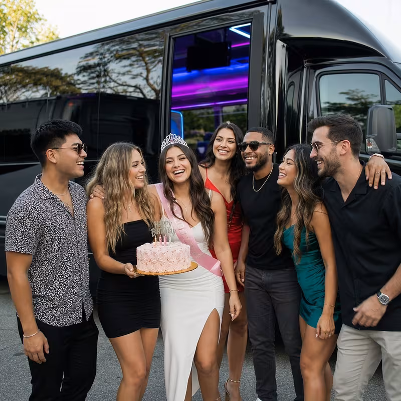 Party bus interior with wraparound leather seating and LED lighting in Bronx