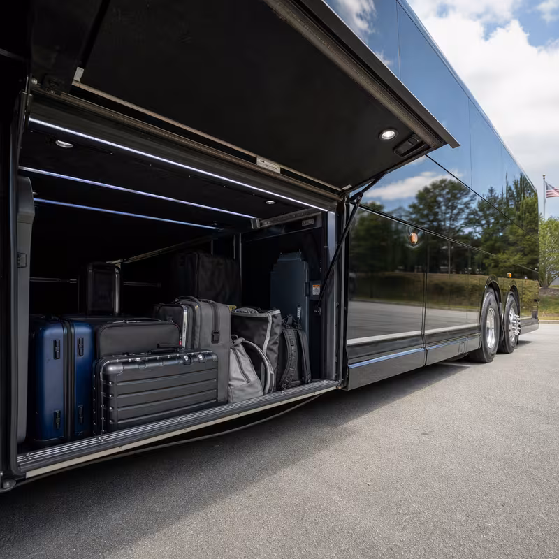 Party bus interior with wraparound leather seating and LED lighting in Bronx